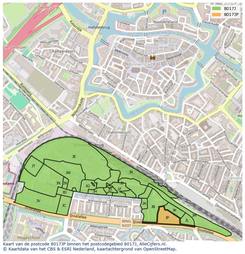 Afbeelding van het postcodegebied 8017 JP op de kaart.