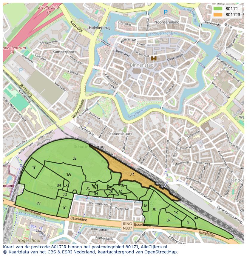 Afbeelding van het postcodegebied 8017 JR op de kaart.
