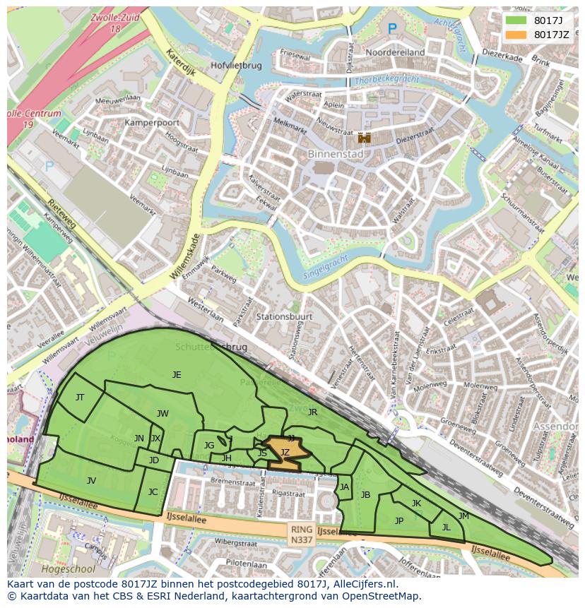 Afbeelding van het postcodegebied 8017 JZ op de kaart.