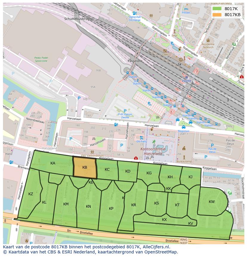 Afbeelding van het postcodegebied 8017 KB op de kaart.