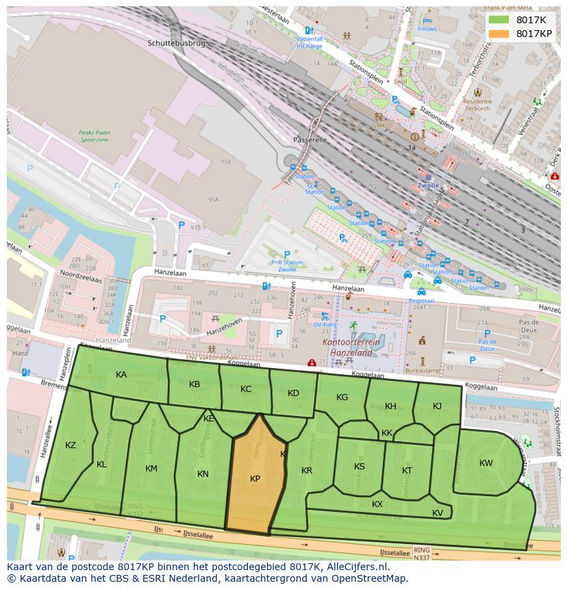 Afbeelding van het postcodegebied 8017 KP op de kaart.