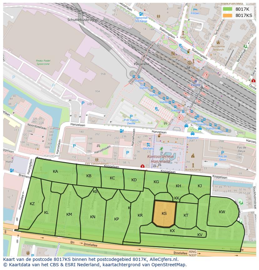 Afbeelding van het postcodegebied 8017 KS op de kaart.