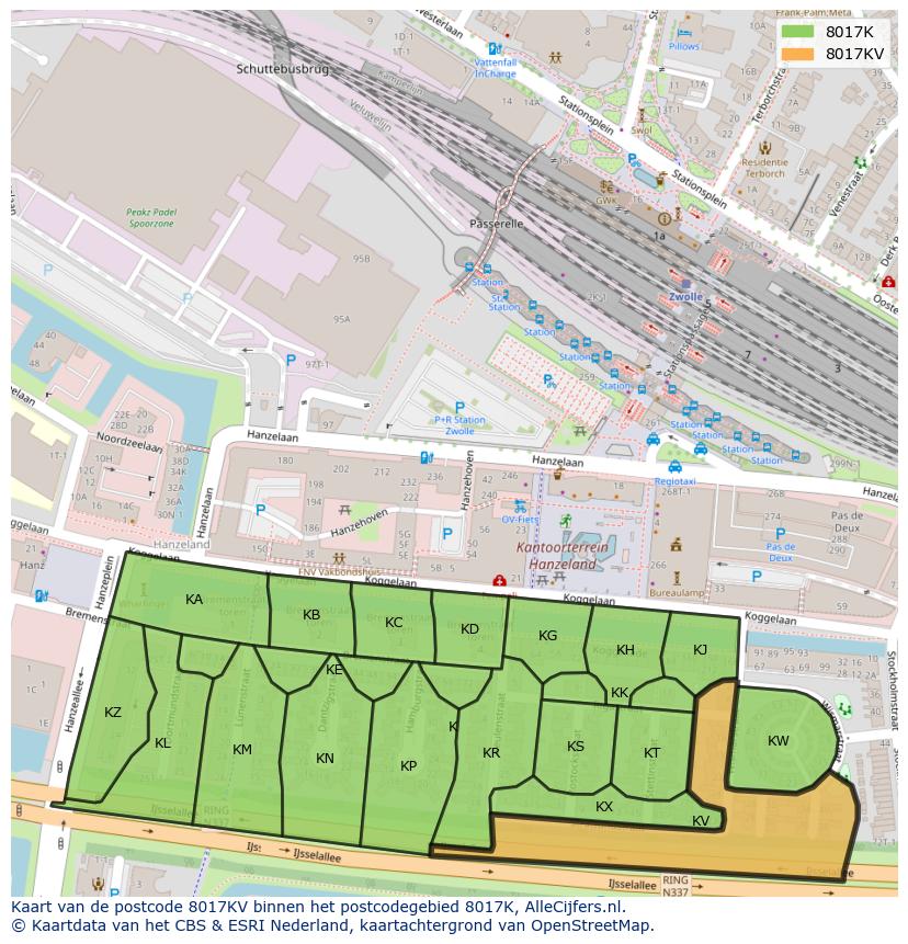 Afbeelding van het postcodegebied 8017 KV op de kaart.