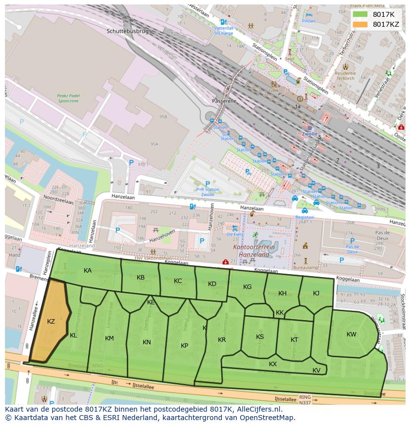 Afbeelding van het postcodegebied 8017 KZ op de kaart.