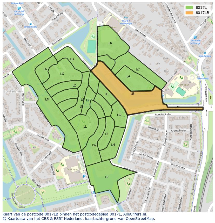 Afbeelding van het postcodegebied 8017 LB op de kaart.