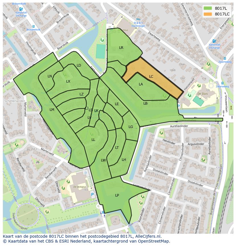 Afbeelding van het postcodegebied 8017 LC op de kaart.