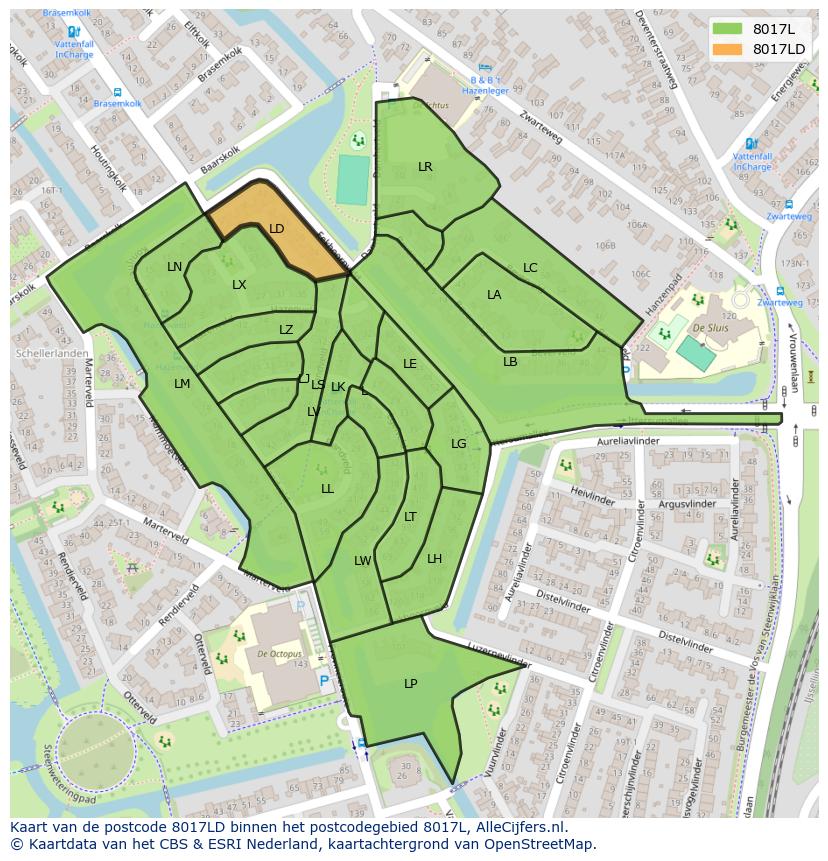 Afbeelding van het postcodegebied 8017 LD op de kaart.
