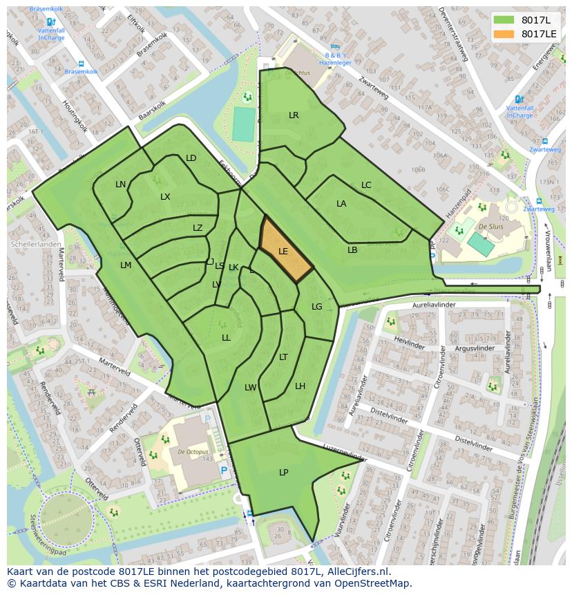 Afbeelding van het postcodegebied 8017 LE op de kaart.