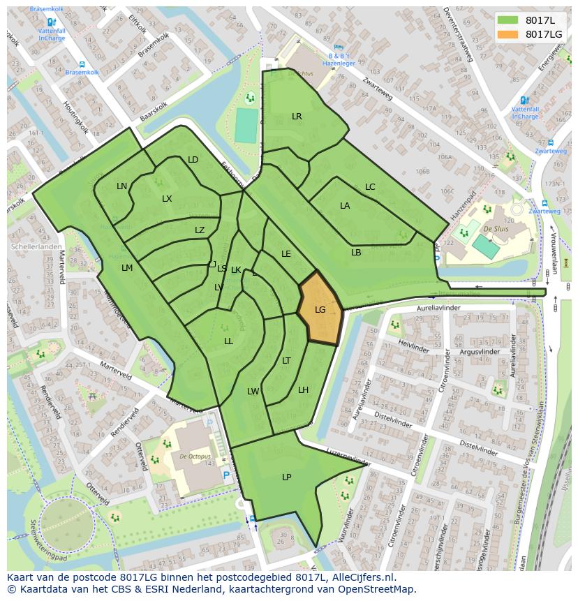 Afbeelding van het postcodegebied 8017 LG op de kaart.