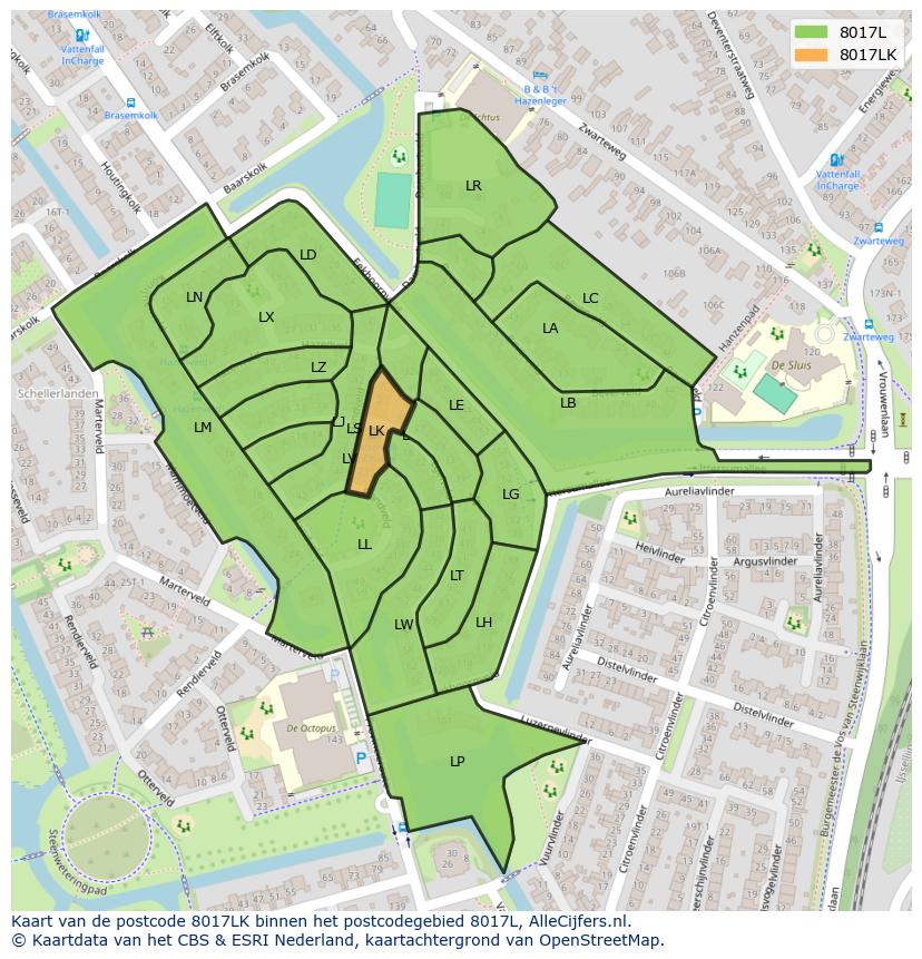 Afbeelding van het postcodegebied 8017 LK op de kaart.