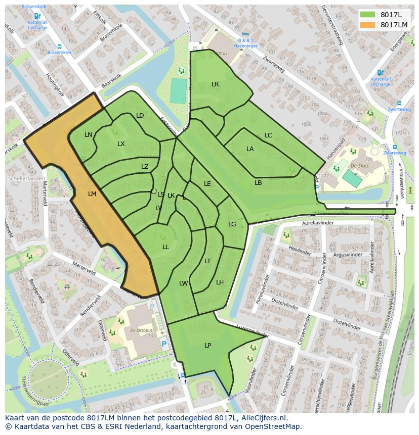 Afbeelding van het postcodegebied 8017 LM op de kaart.