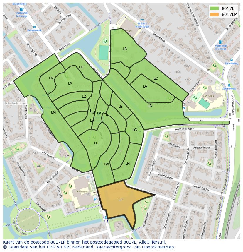 Afbeelding van het postcodegebied 8017 LP op de kaart.