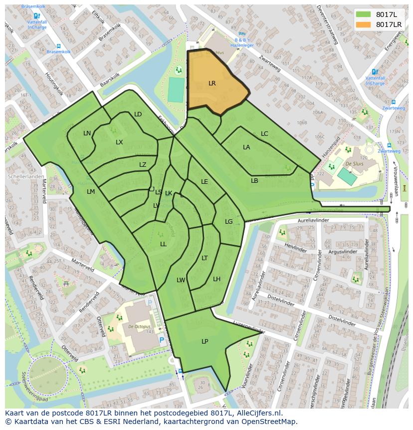 Afbeelding van het postcodegebied 8017 LR op de kaart.