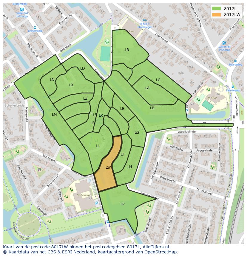 Afbeelding van het postcodegebied 8017 LW op de kaart.