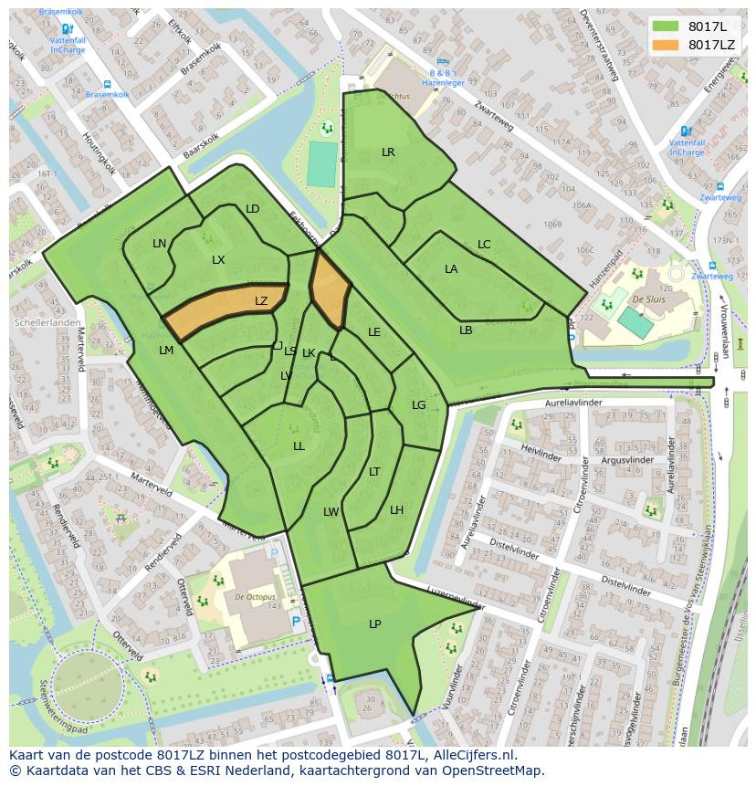 Afbeelding van het postcodegebied 8017 LZ op de kaart.