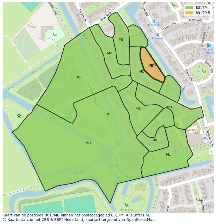 Afbeelding van het postcodegebied 8017 MB op de kaart.
