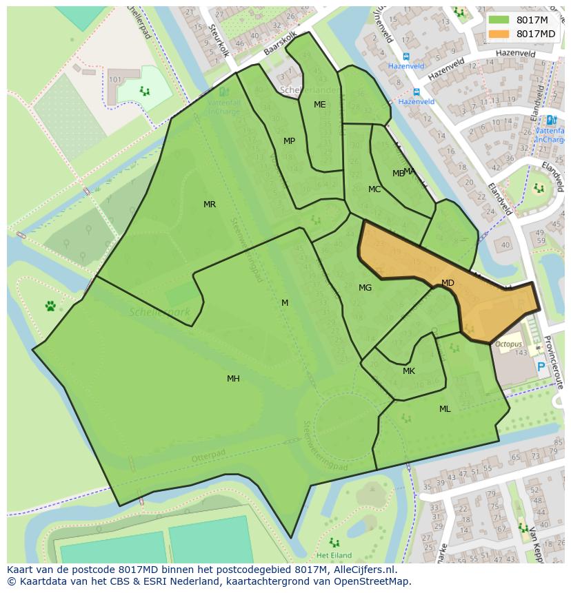 Afbeelding van het postcodegebied 8017 MD op de kaart.