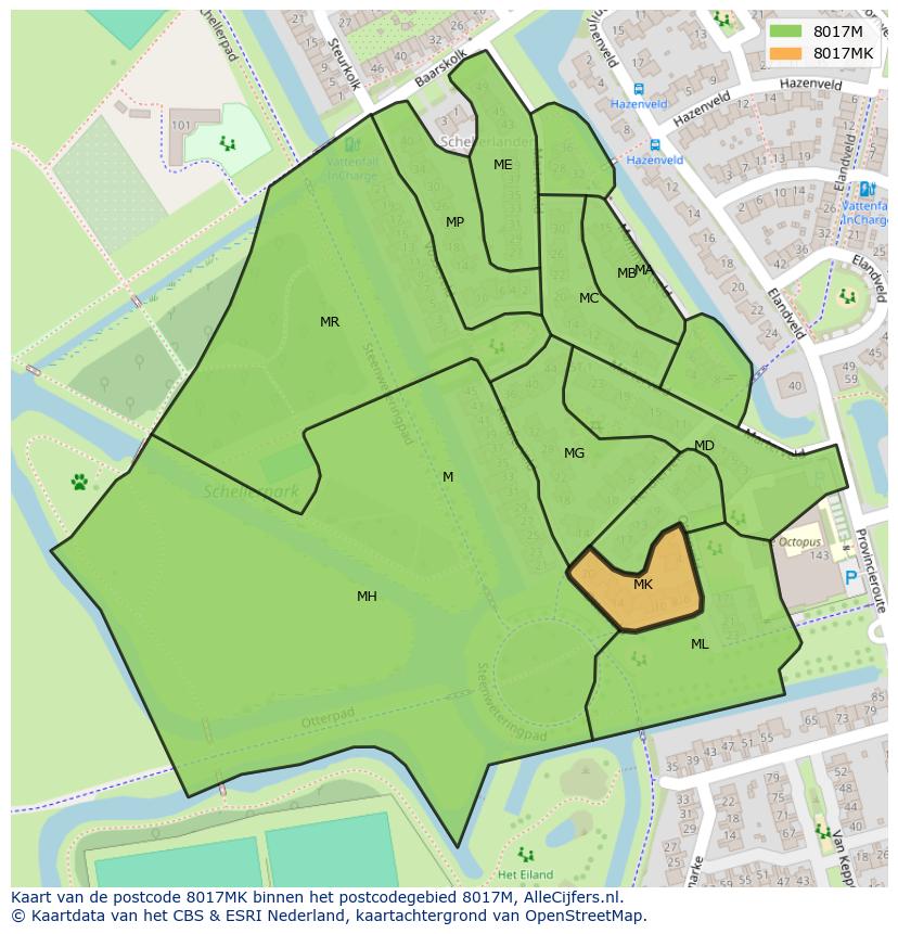 Afbeelding van het postcodegebied 8017 MK op de kaart.