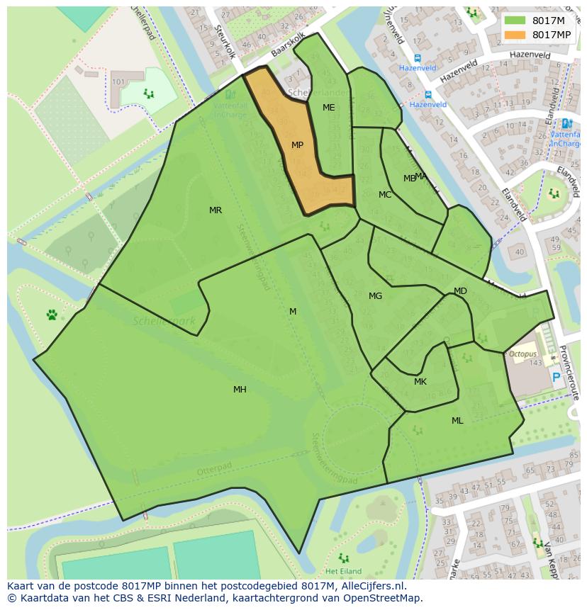Afbeelding van het postcodegebied 8017 MP op de kaart.