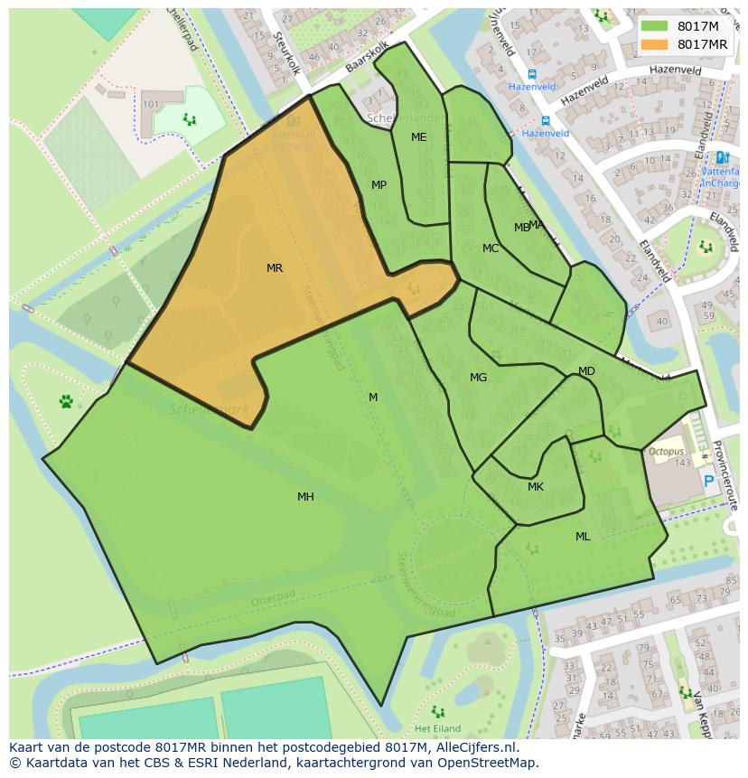 Afbeelding van het postcodegebied 8017 MR op de kaart.