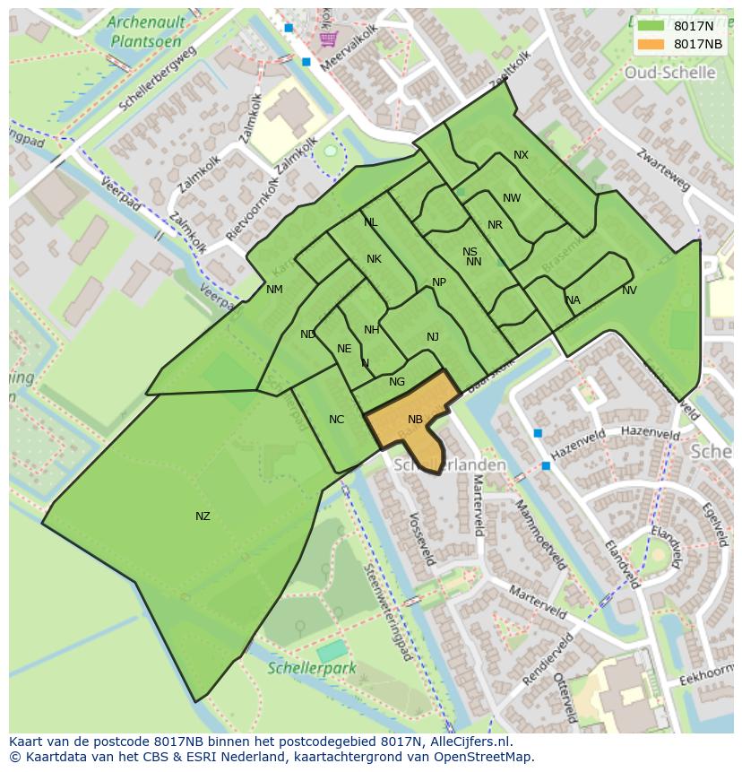 Afbeelding van het postcodegebied 8017 NB op de kaart.