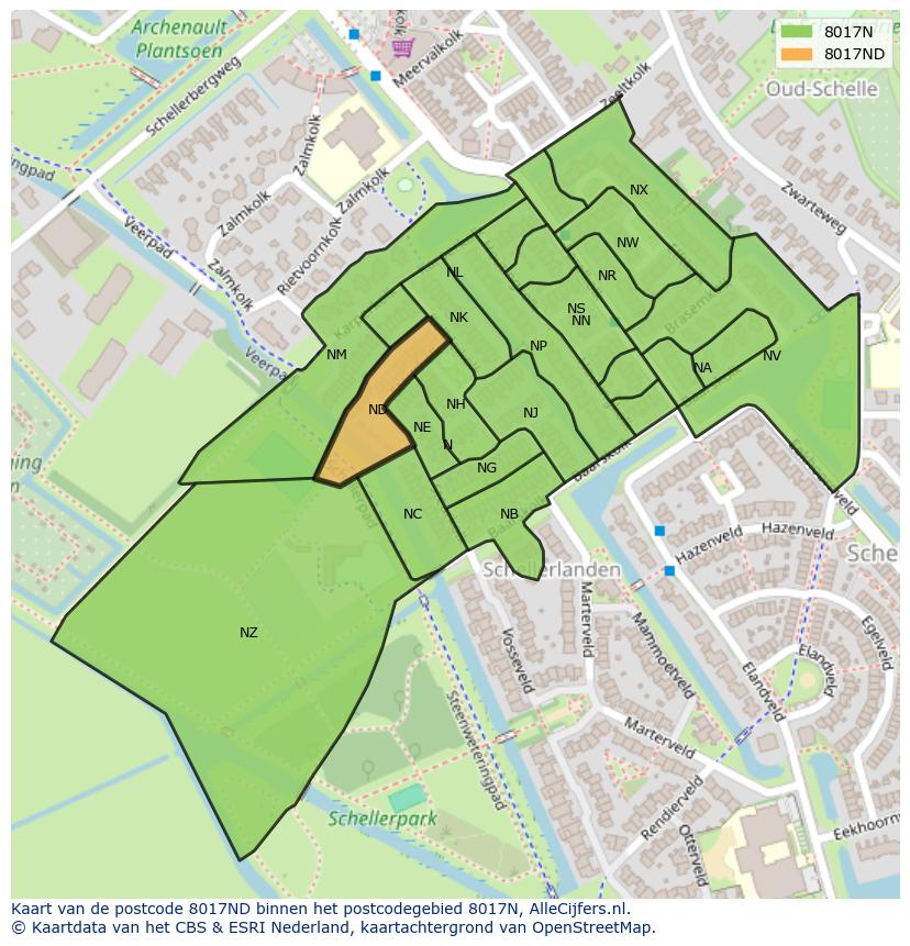 Afbeelding van het postcodegebied 8017 ND op de kaart.