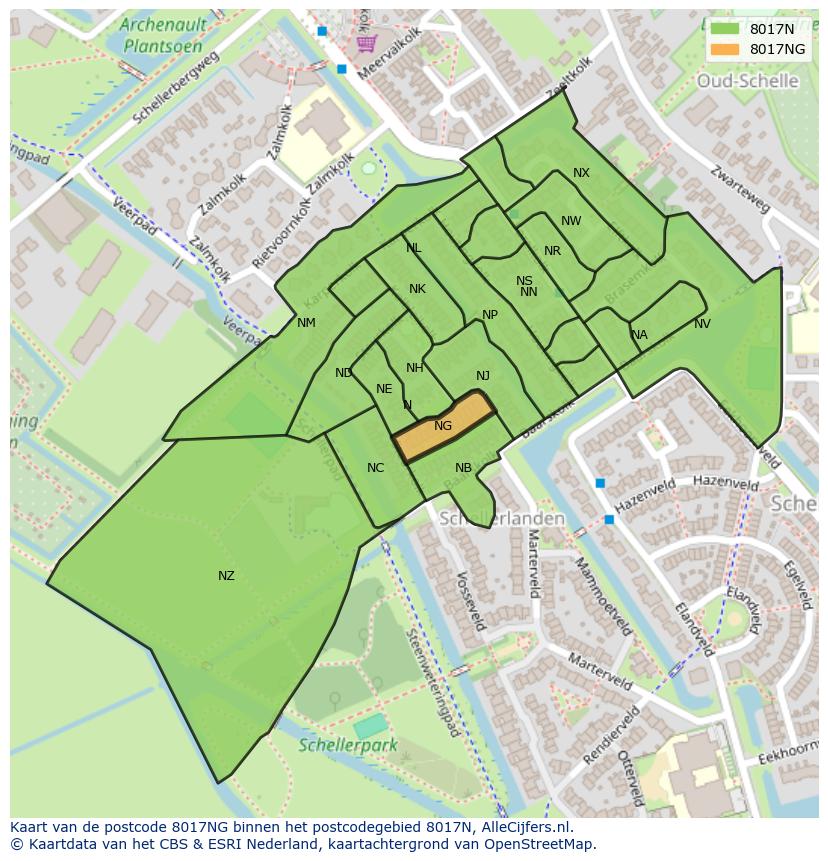 Afbeelding van het postcodegebied 8017 NG op de kaart.