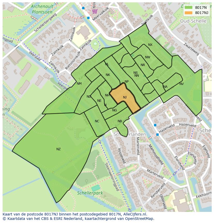 Afbeelding van het postcodegebied 8017 NJ op de kaart.