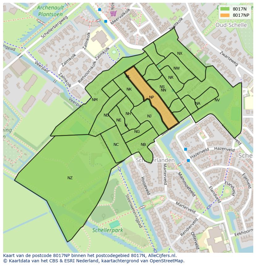 Afbeelding van het postcodegebied 8017 NP op de kaart.
