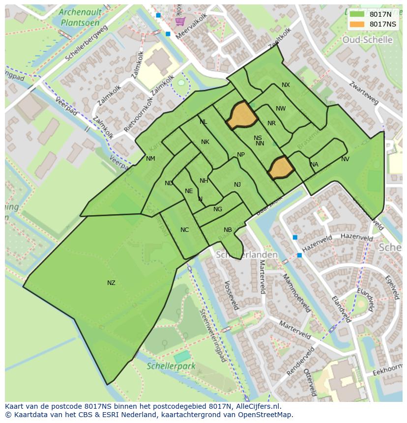 Afbeelding van het postcodegebied 8017 NS op de kaart.