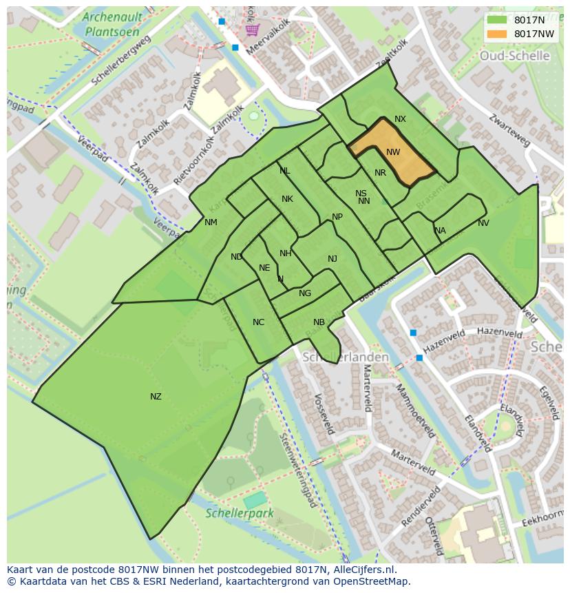 Afbeelding van het postcodegebied 8017 NW op de kaart.