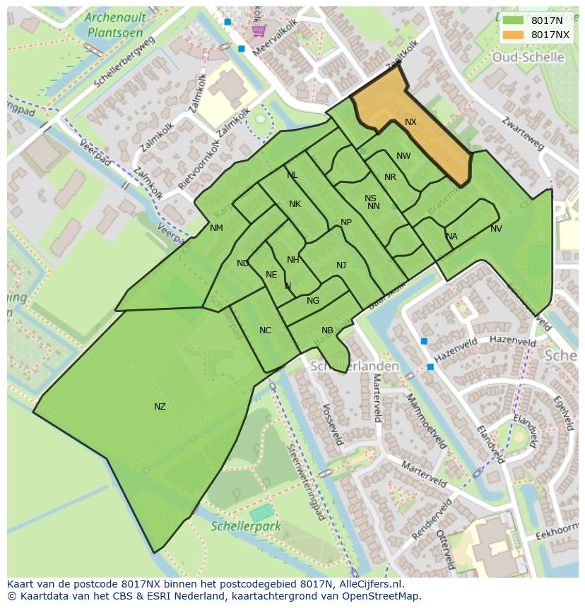 Afbeelding van het postcodegebied 8017 NX op de kaart.