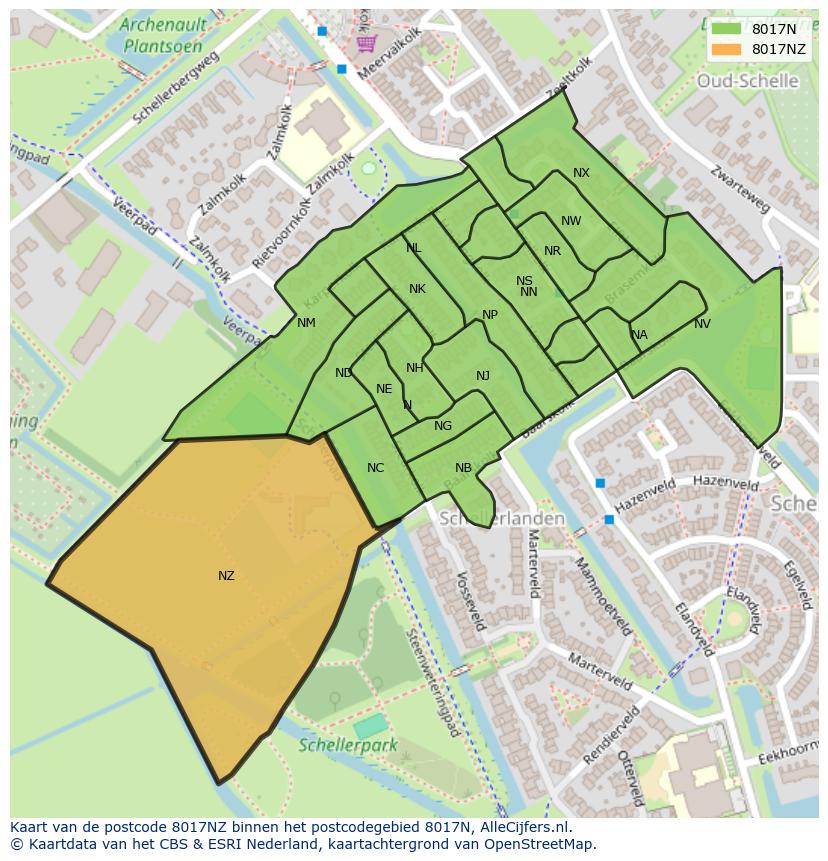 Afbeelding van het postcodegebied 8017 NZ op de kaart.