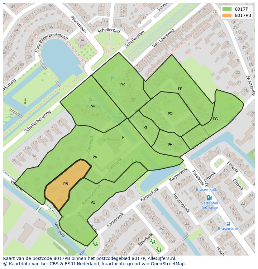 Afbeelding van het postcodegebied 8017 PB op de kaart.