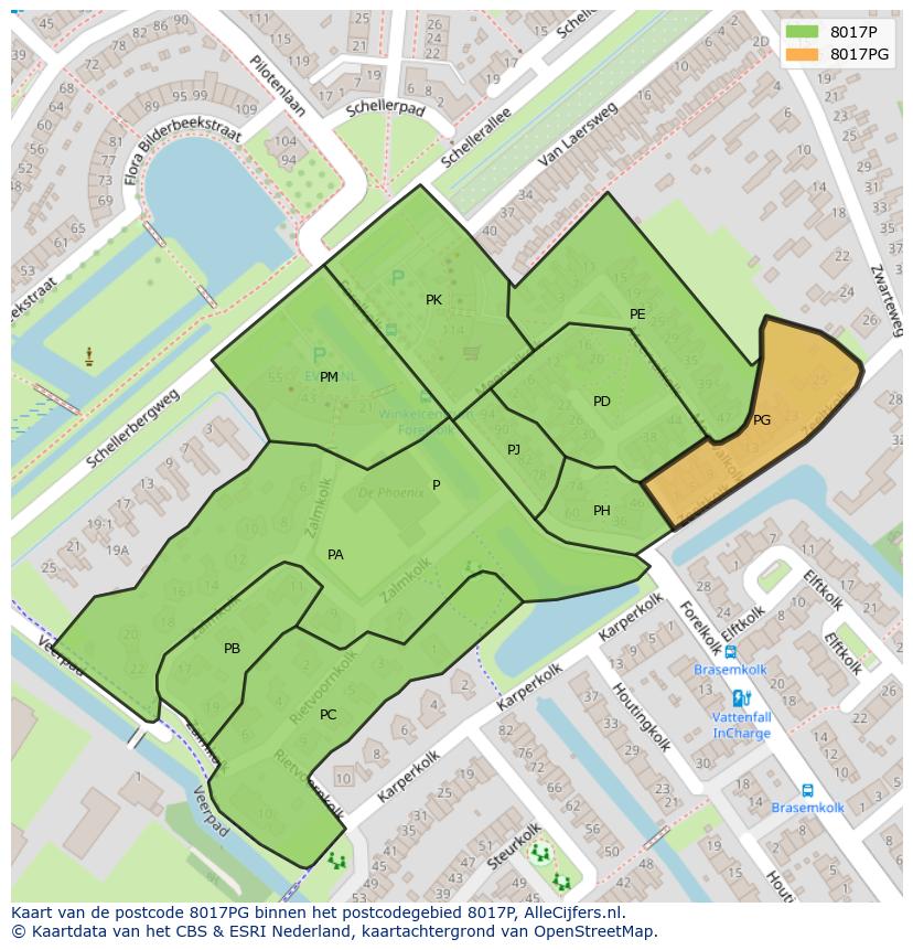 Afbeelding van het postcodegebied 8017 PG op de kaart.