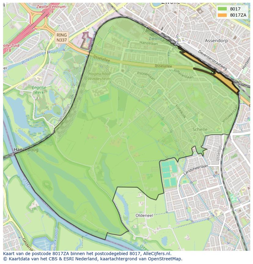 Afbeelding van het postcodegebied 8017 ZA op de kaart.
