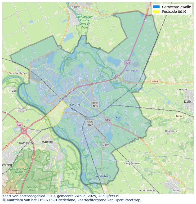 Afbeelding van het postcodegebied 8019 op de kaart.