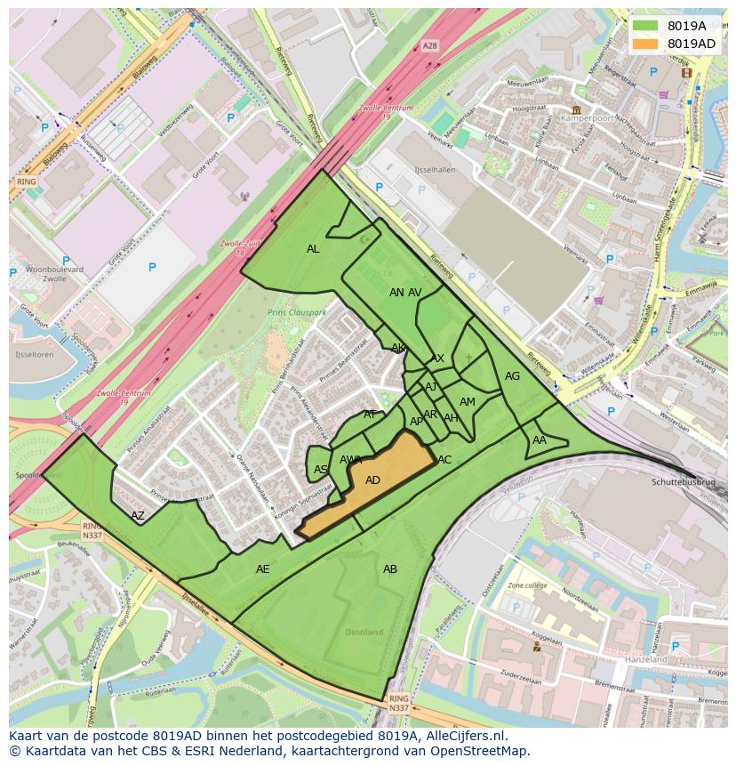 Afbeelding van het postcodegebied 8019 AD op de kaart.