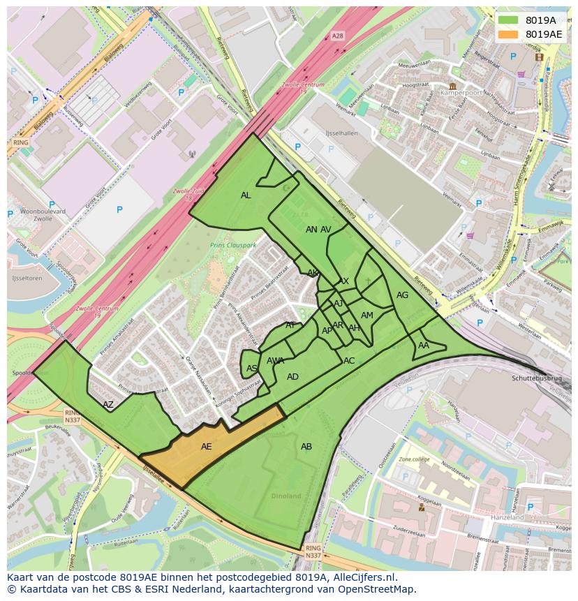 Afbeelding van het postcodegebied 8019 AE op de kaart.
