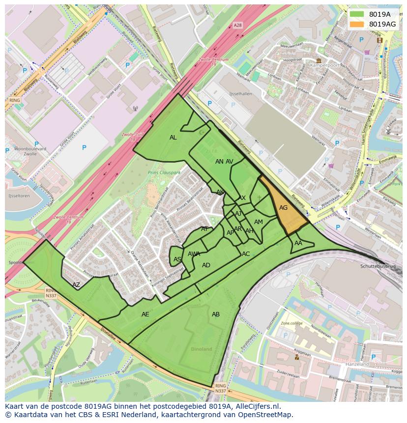 Afbeelding van het postcodegebied 8019 AG op de kaart.