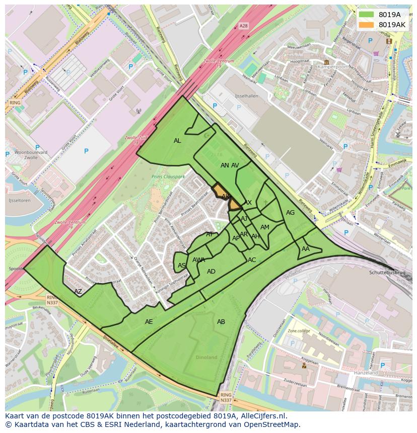 Afbeelding van het postcodegebied 8019 AK op de kaart.