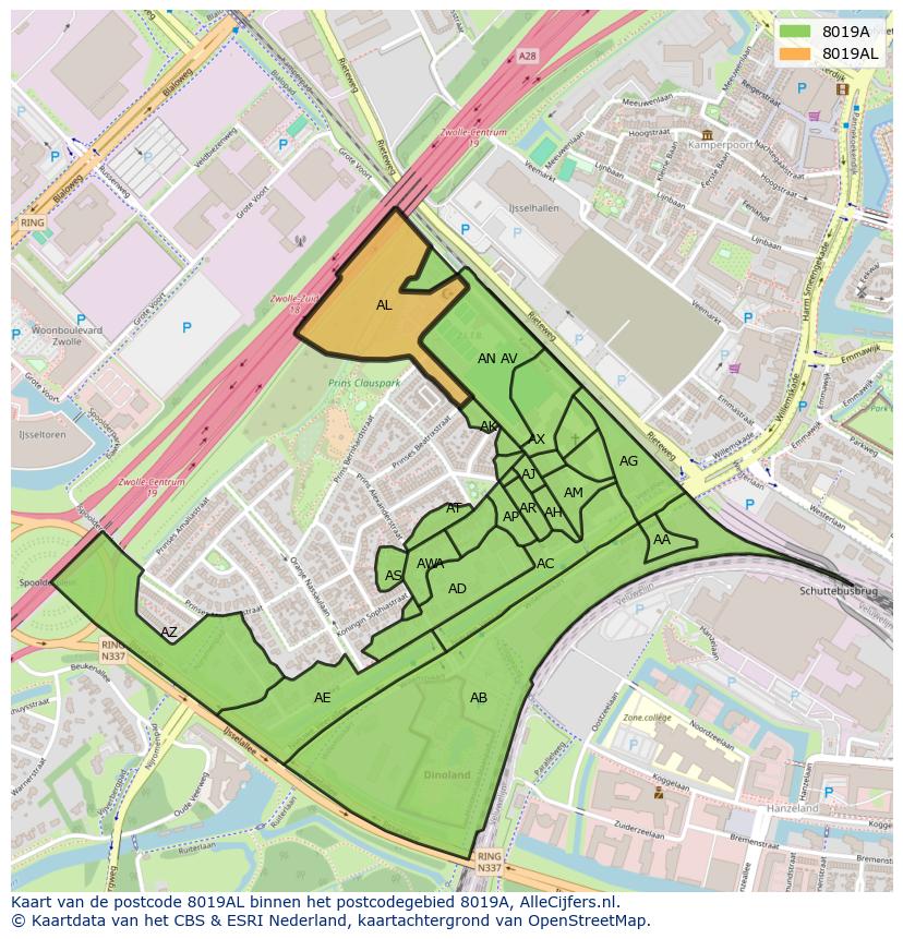 Afbeelding van het postcodegebied 8019 AL op de kaart.