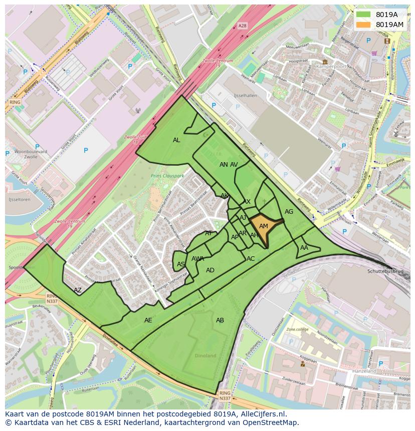 Afbeelding van het postcodegebied 8019 AM op de kaart.