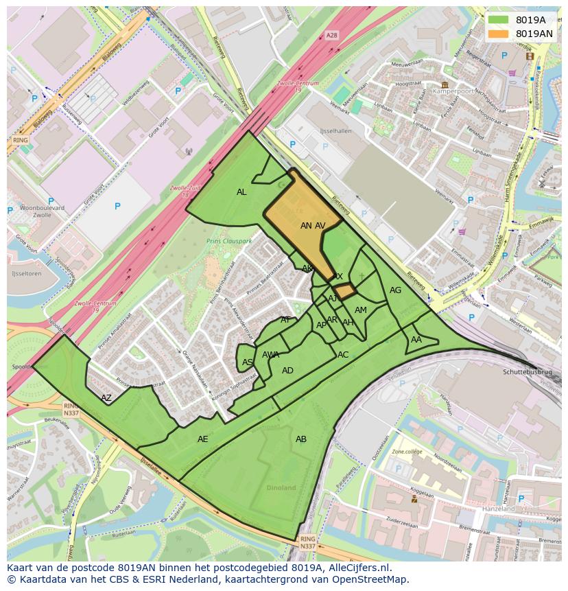 Afbeelding van het postcodegebied 8019 AN op de kaart.