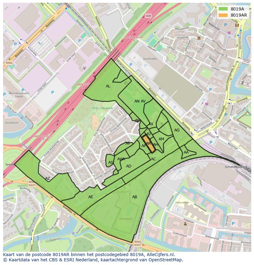 Afbeelding van het postcodegebied 8019 AR op de kaart.