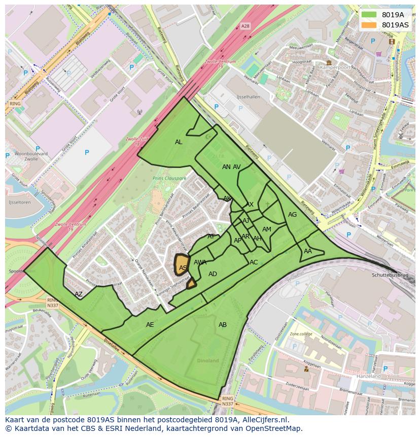 Afbeelding van het postcodegebied 8019 AS op de kaart.