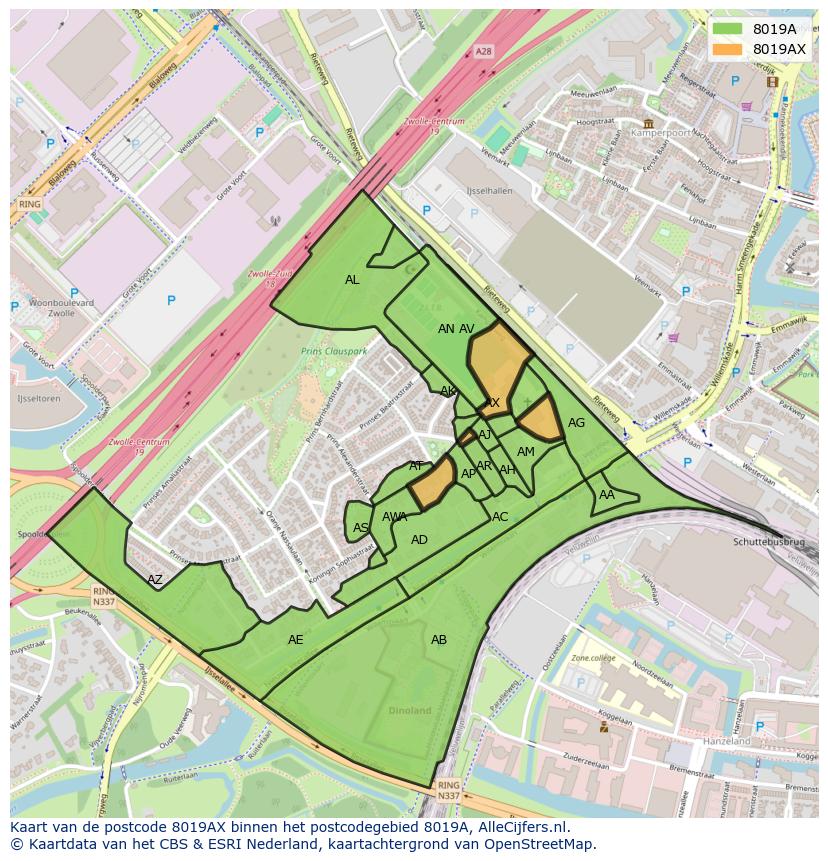 Afbeelding van het postcodegebied 8019 AX op de kaart.