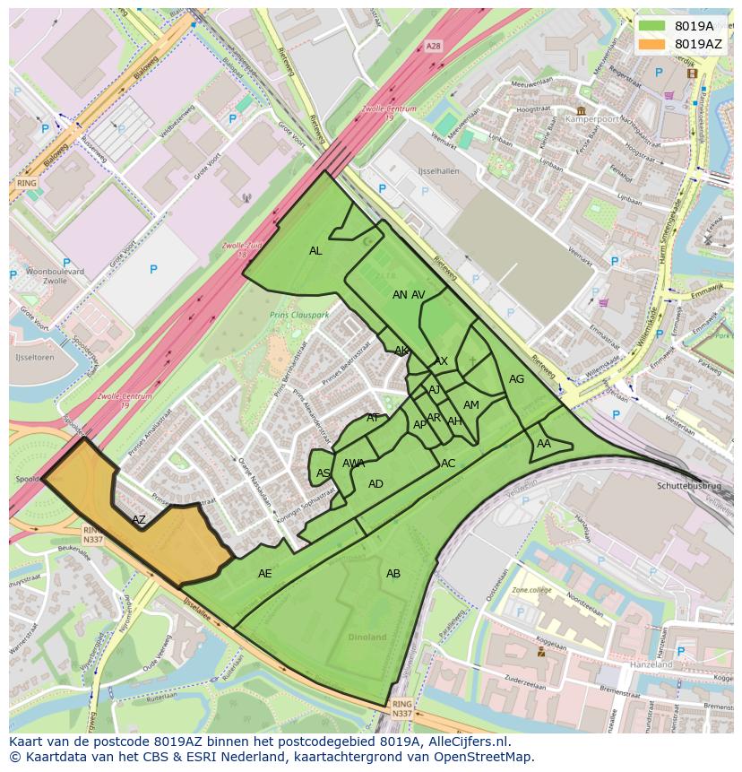 Afbeelding van het postcodegebied 8019 AZ op de kaart.