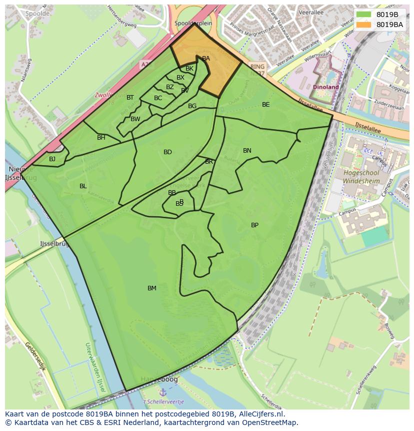 Afbeelding van het postcodegebied 8019 BA op de kaart.
