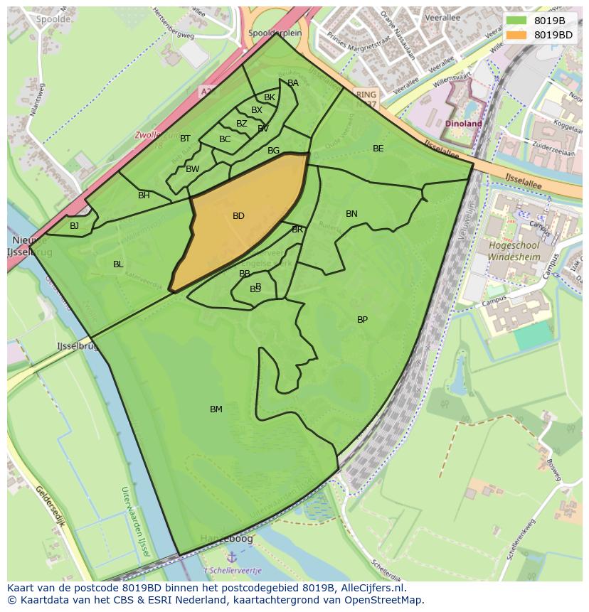 Afbeelding van het postcodegebied 8019 BD op de kaart.